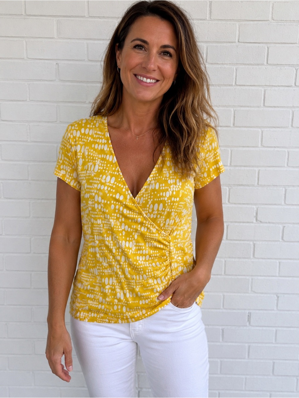 Boden Yellow White Ruched Faux Wrap Top Size 8 Mustard Stretch Jersey